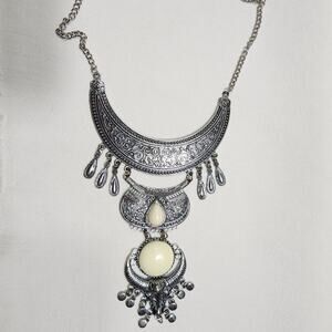 Long Horn Bull Skull Crescent Moon Statement Necklace Bohemian Tribal Western